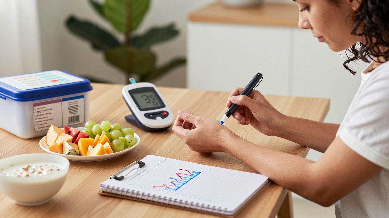 Mulher verificando glicose, com lanche saudável e gráfico na mesa.