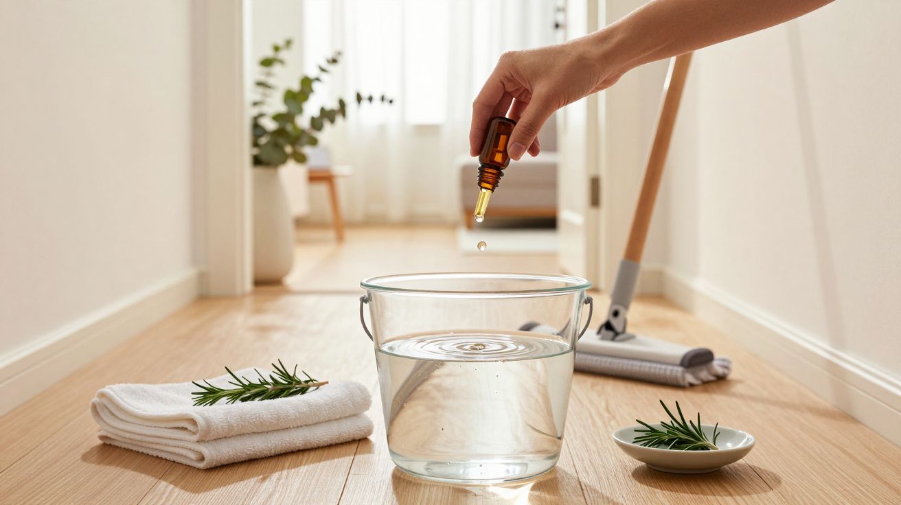 Mão pingando óleo essencial em balde de água, com toalhas e alecrim ao lado, num chão de madeira clara.
