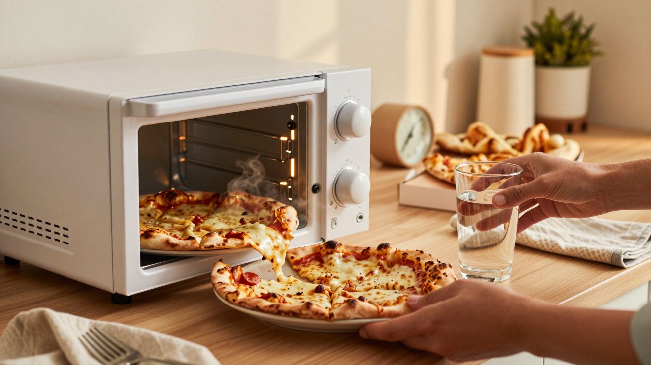 Pessoa tira pizza fumegante de forno elétrico enquanto segura um copo de água sobre a mesa de madeira.