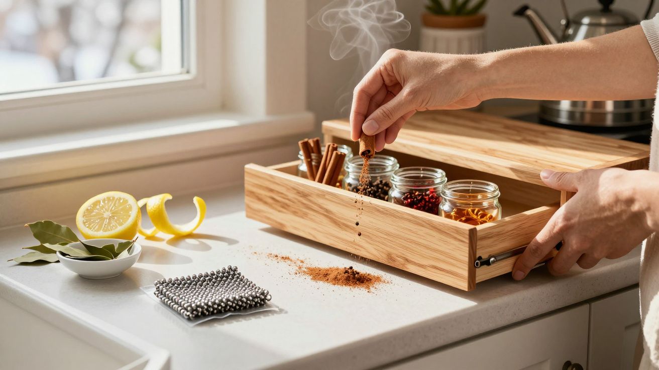 Mão adiciona especiarias a caixote de madeira na cozinha junto à janela, com limón e louro ao lado.