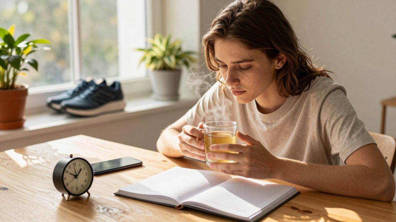 Pessoa a ler enquanto segura uma chávena, com um despertador e um telemóvel sobre a mesa, plantas ao fundo.