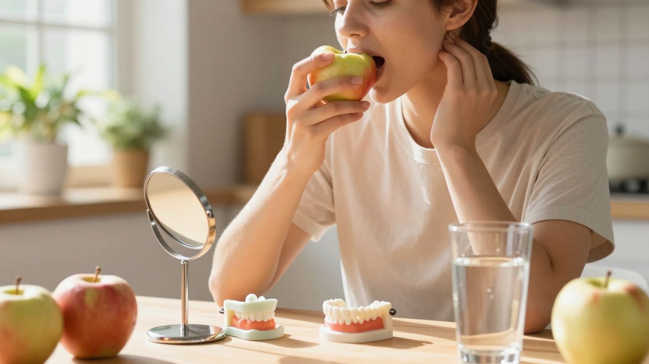 Mulher a morder uma maçã verde em frente a dentes de modelo, espelho e copo de água sobre a mesa.