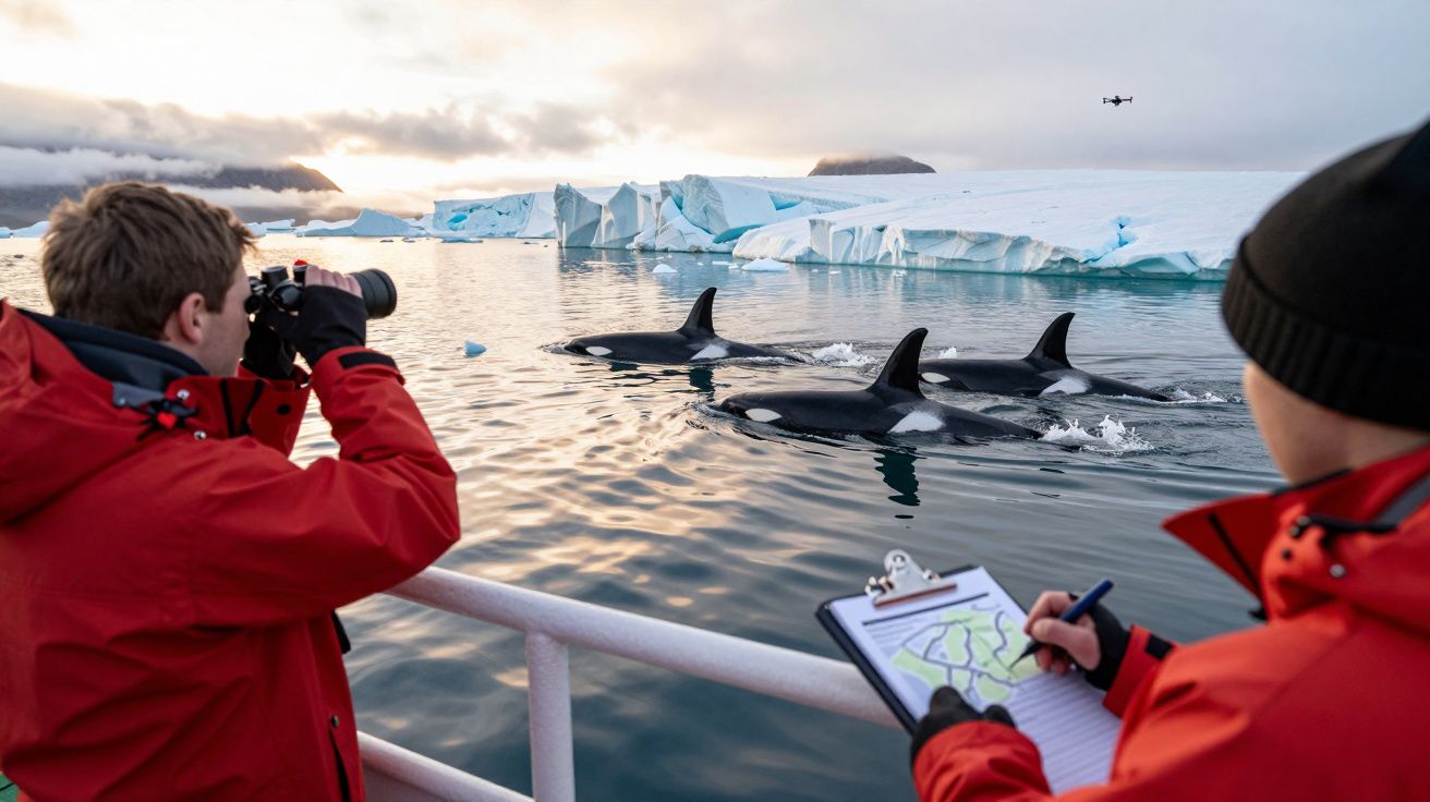 Investigadores em casacos vermelhos observam orcas a nadar próximo a um iceberg, registando dados num bloco de notas.