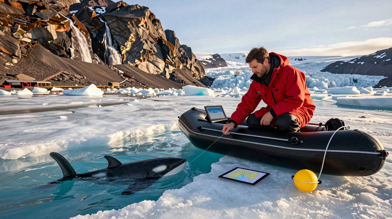Homem em barco inflável estuda orca em lago congelado, com montanhas nevadas ao fundo.