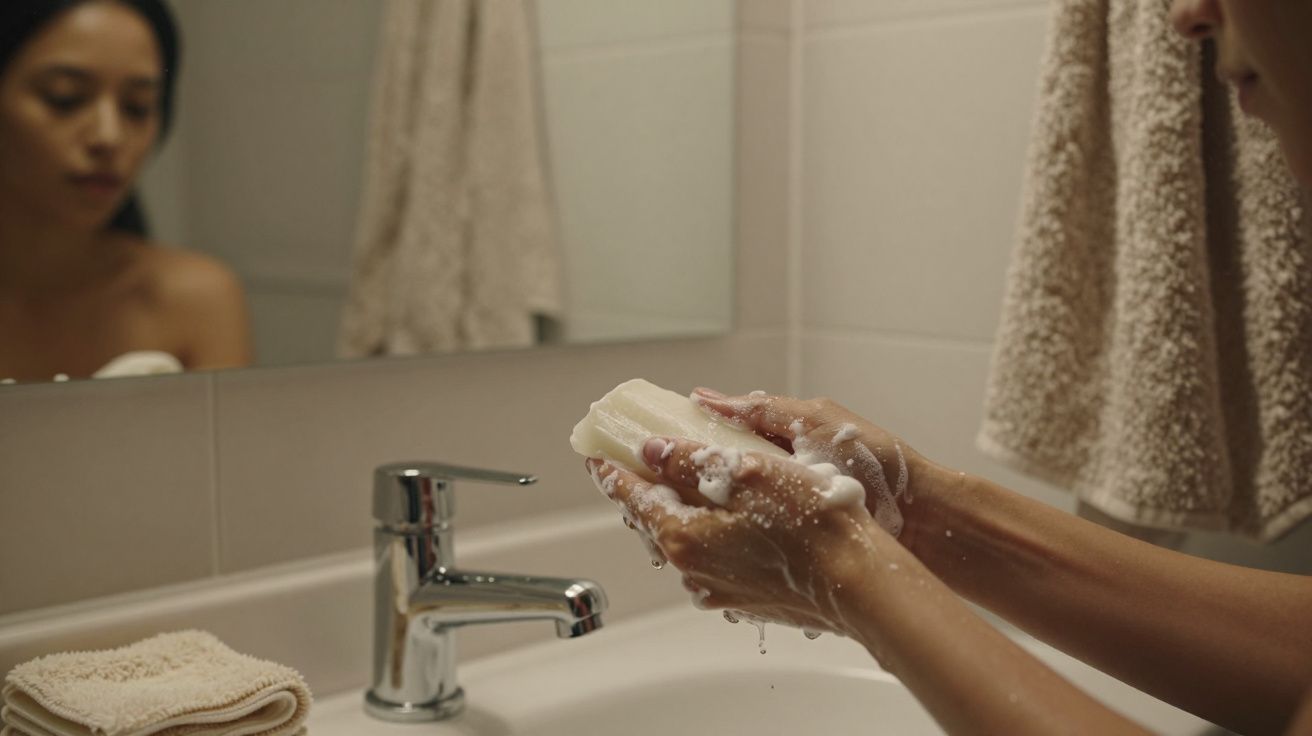 Pessoa lava as mãos com sabonete em lavatório de casa de banho, refletida no espelho.