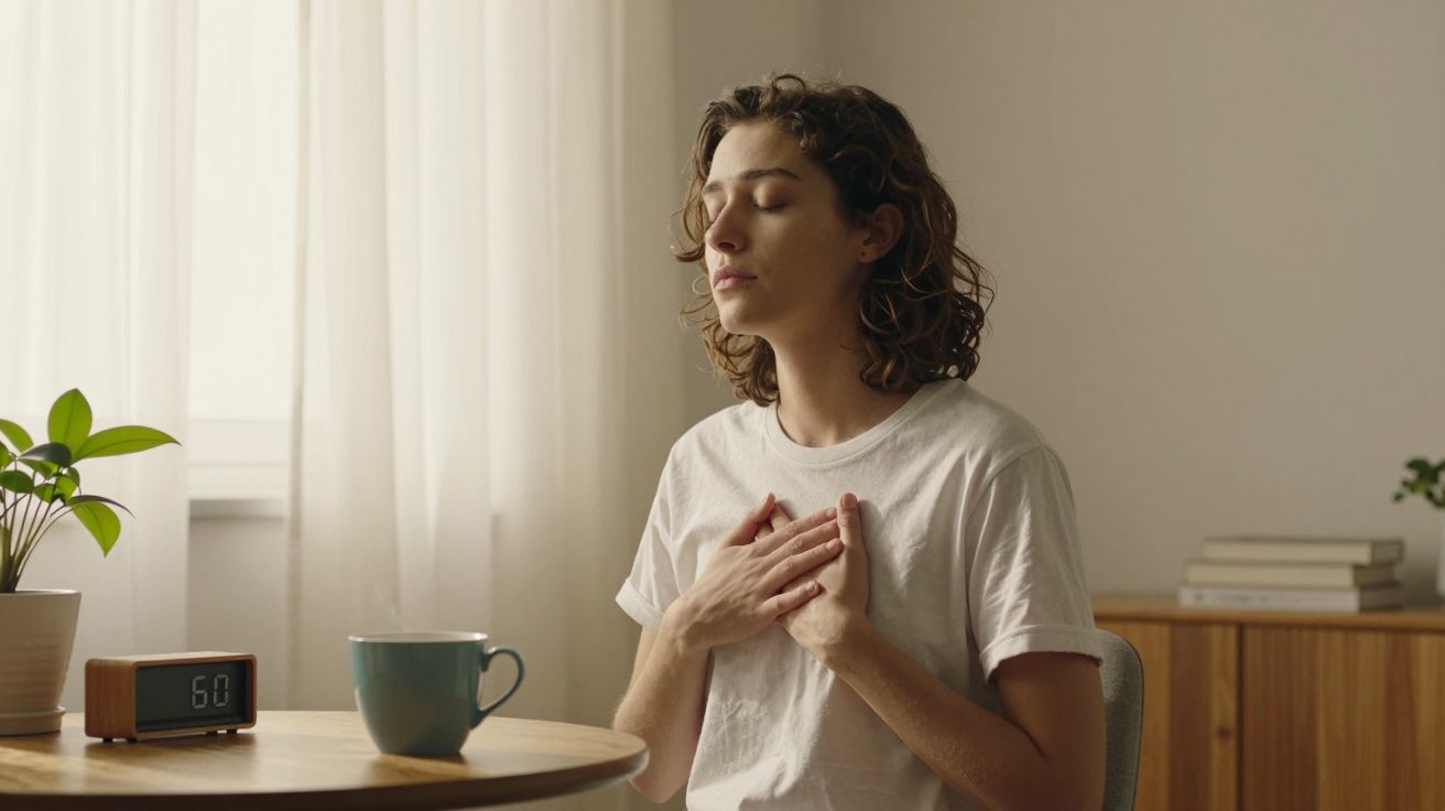 Mulher meditando numa sala, olhos fechados, mãos no peito, ao lado de uma mesa com chávena e relógio digital.