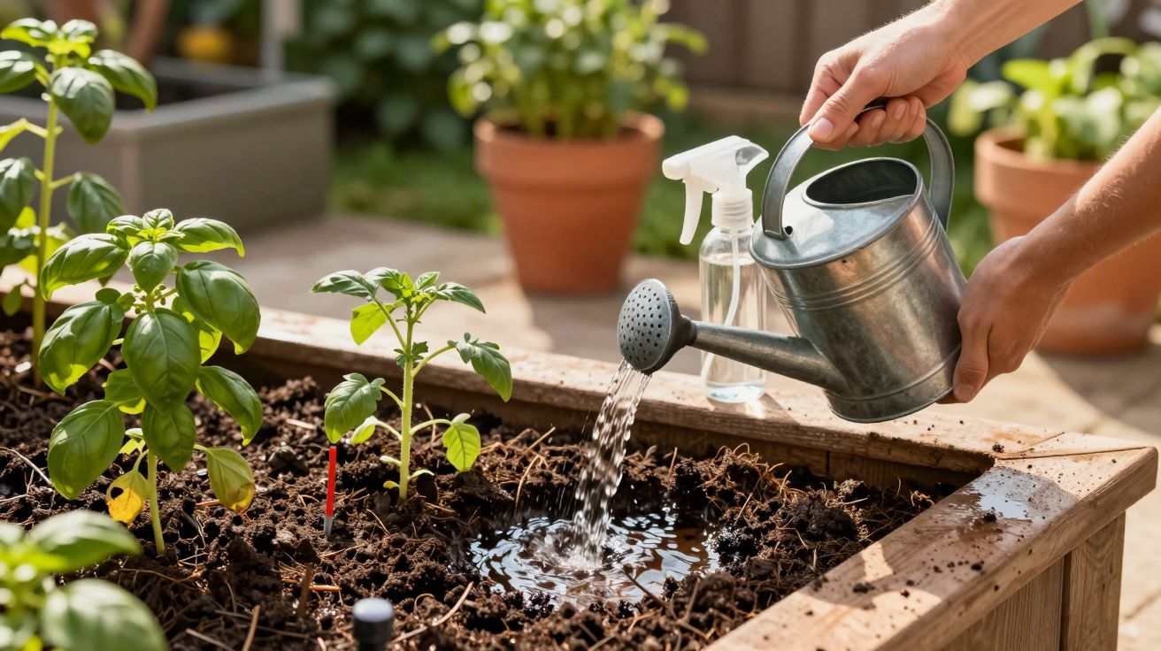 Mãos regam manjericão em horta elevada com regador de metal, ao lado de um pulverizador.