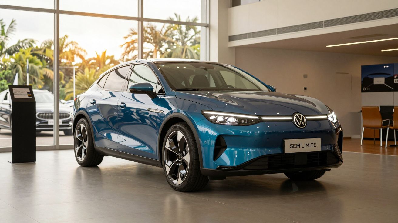 Carro elétrico azul da Volkswagen em showroom, com fundo de janelas grandes e palmeiras do lado de fora.