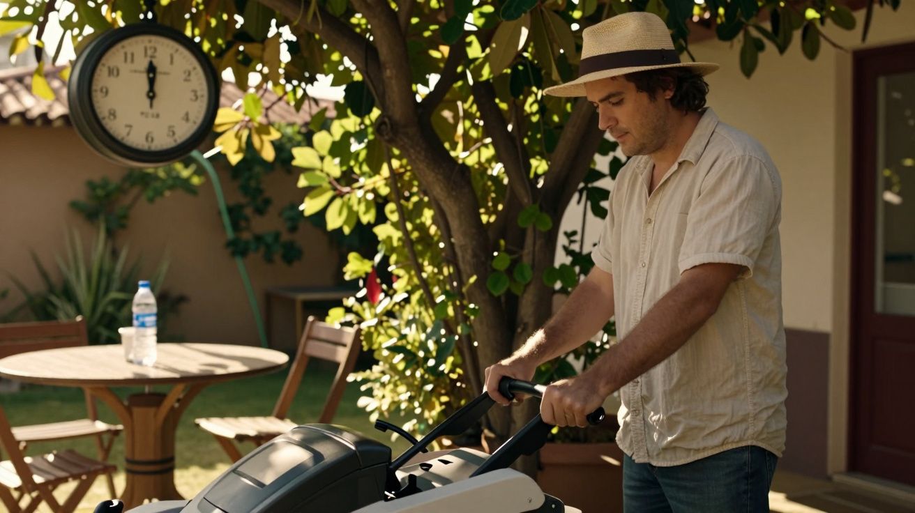 Homem com chapéu empurra cortador de relva no jardim, com mesa redonda e relógio ao fundo.