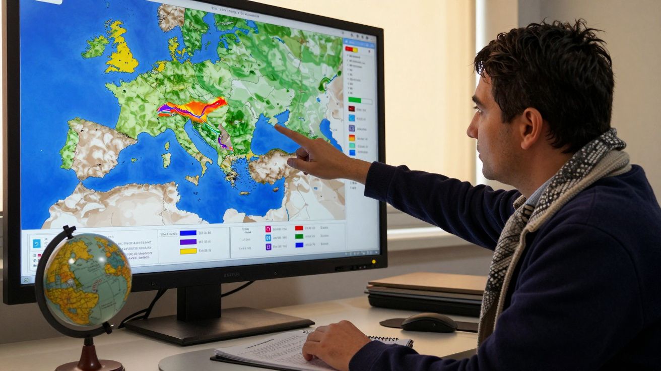 Homem aponta para mapa meteorológico no monitor, mostrando previsões coloridas da Europa. Um globo terrestre está ao lado.