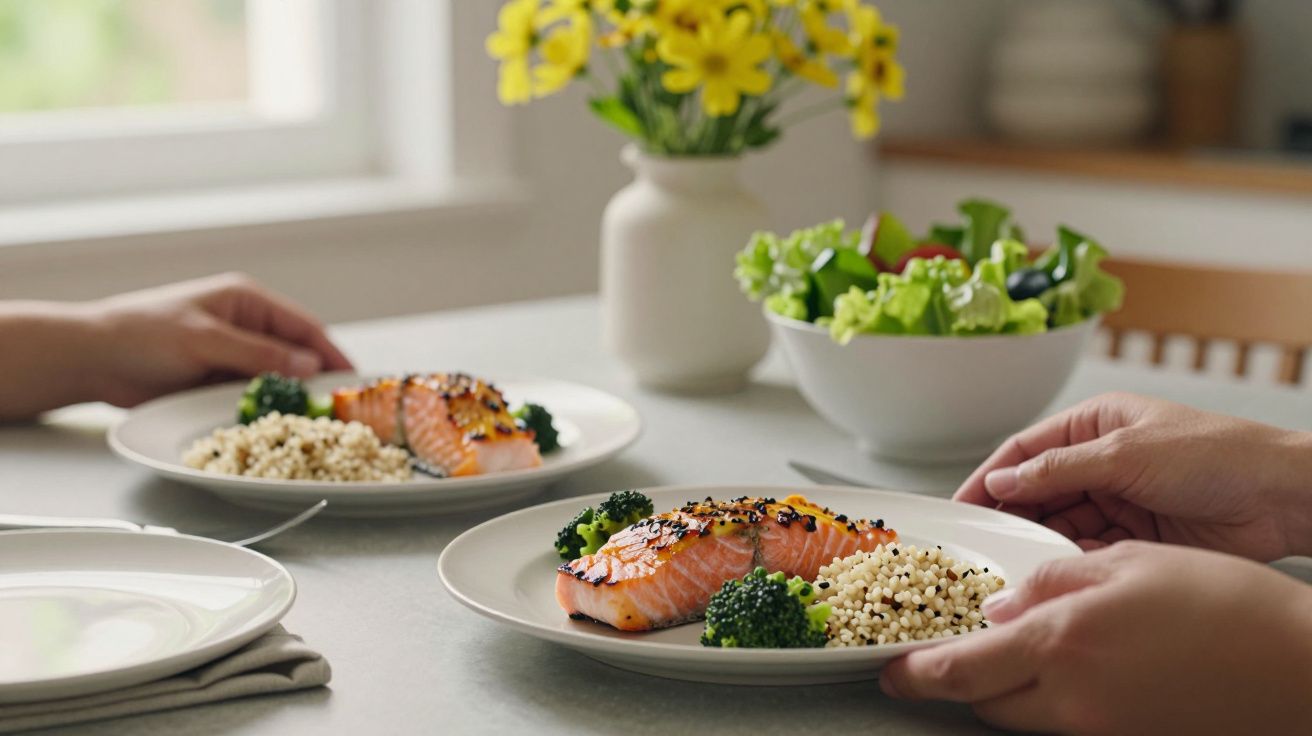 Duas pessoas servindo pratos de salmão grelhado com quinoa e brócolos numa mesa, com flores amarelas ao fundo.
