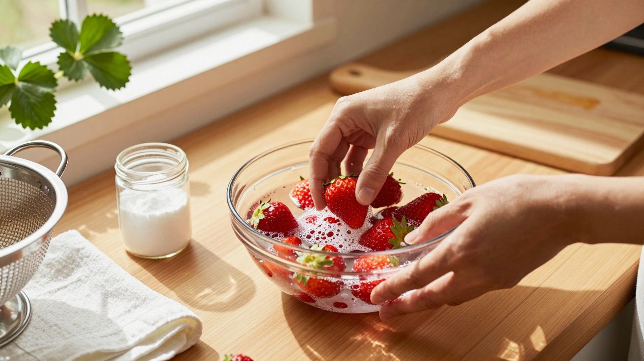 Mãos lavam morangos numa taça de vidro com água e sabão, em cima de uma bancada de madeira ao lado de uma janela.