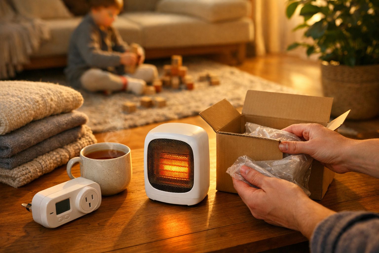 Criança sentada no sofá, coberta, enquanto adulto carrega mini-aquecedor numa mesa com chávena ao lado.