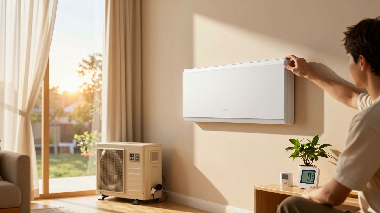 Homem ajusta ar-condicionado na parede de uma sala iluminada. Unidade externa visível pela porta.
