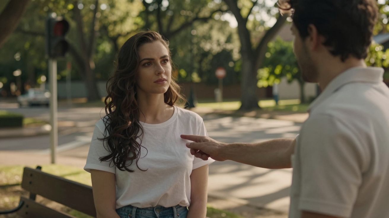 Homem e mulher conversam ao ar livre, ela está séria, junto a um banco de madeira, fundo de rua e árvores.