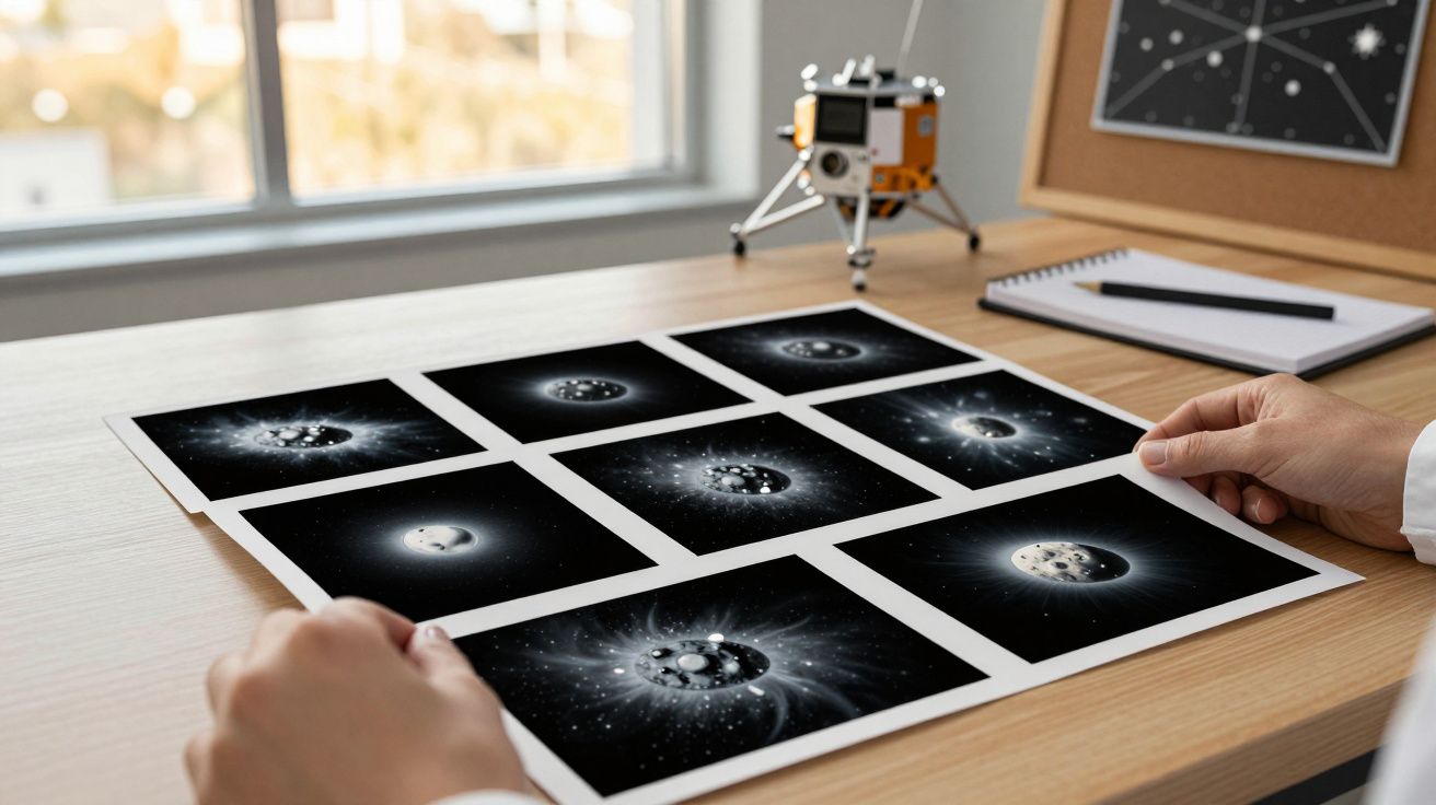 Mãos seguram fotos espaciais com imagens de planetas e estrelas sobre uma mesa, ao lado de um modelo de sonda espacial.