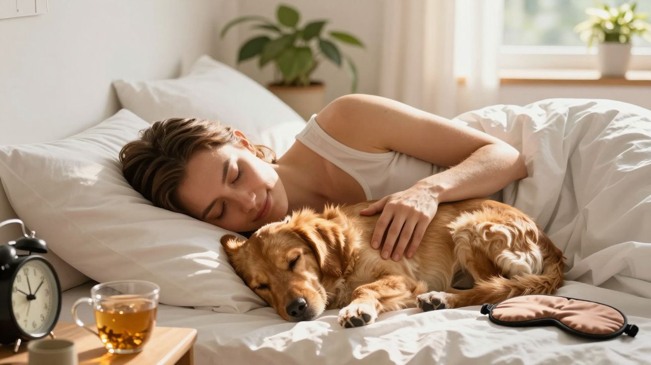 Mulher dorme abraçada a um cão numa cama ensolarada, com despertador e chá na mesa de cabeceira.