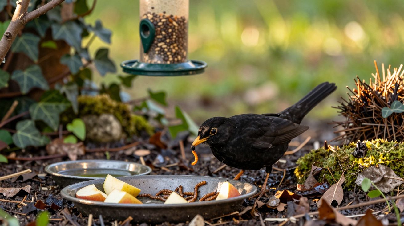 Melro come larva perto de comedouro no jardim, cercado de folhas, maçãs cortadas e pratos com minhocas.