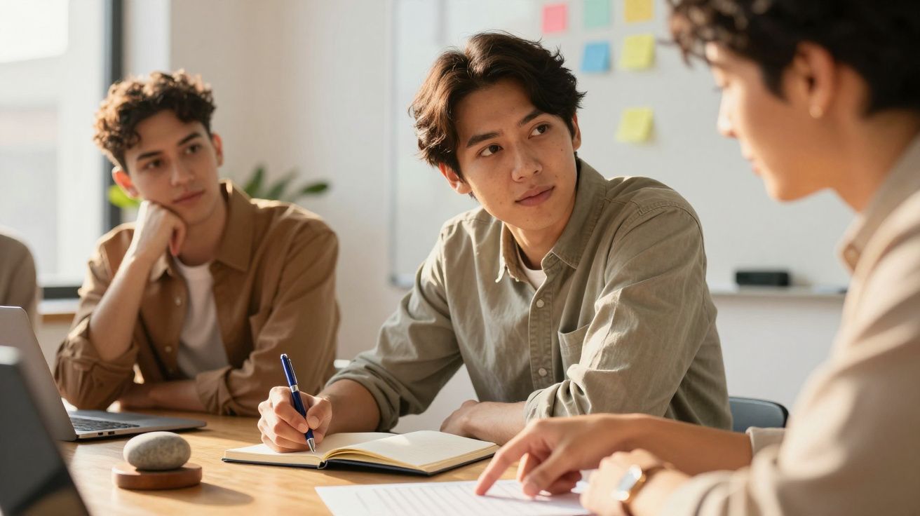 Três pessoas numa reunião, focadas em discutir algo num escritório com quadro branco ao fundo.