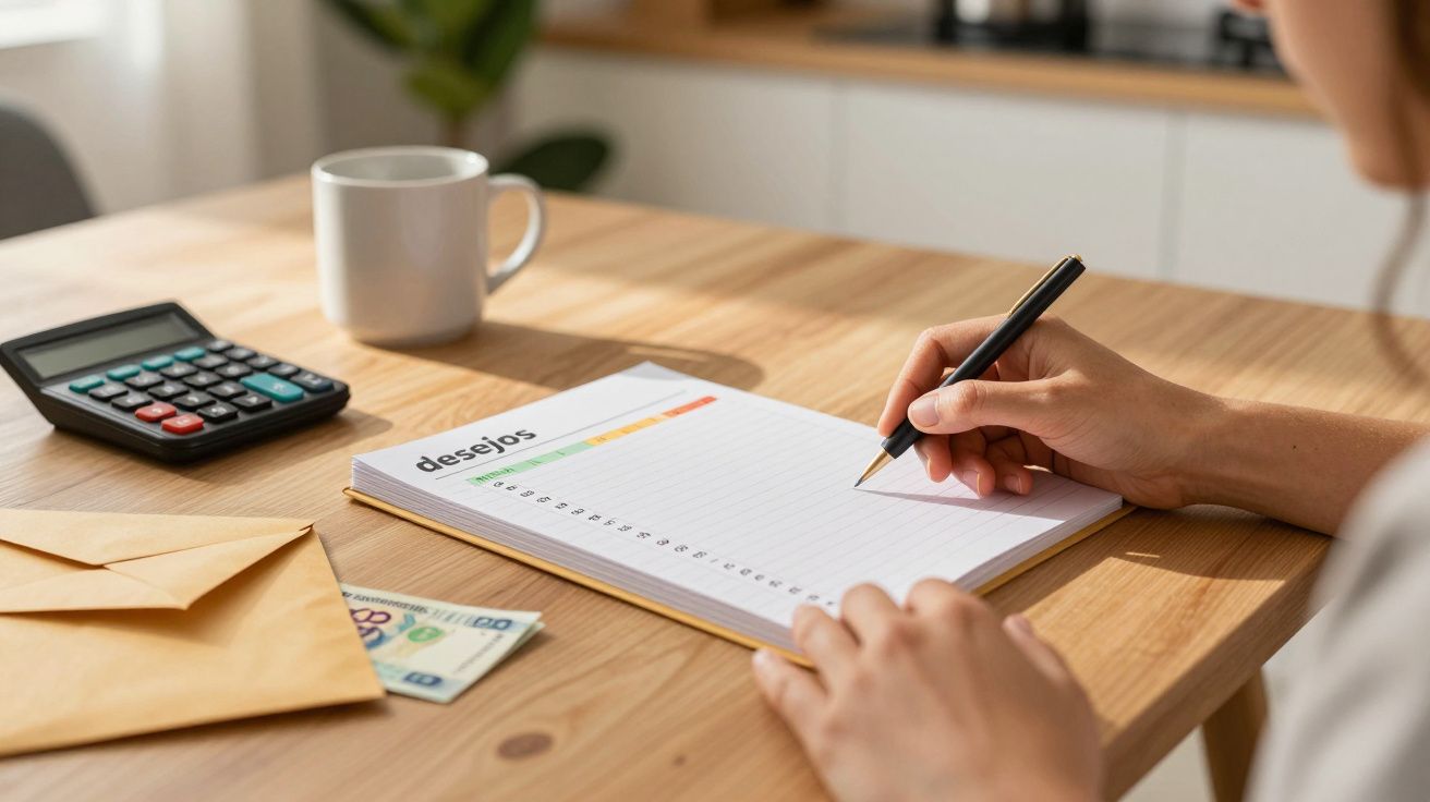 Pessoa faz anotações numa lista de desejos numa mesa com calculadora, envelope e notas de euro.