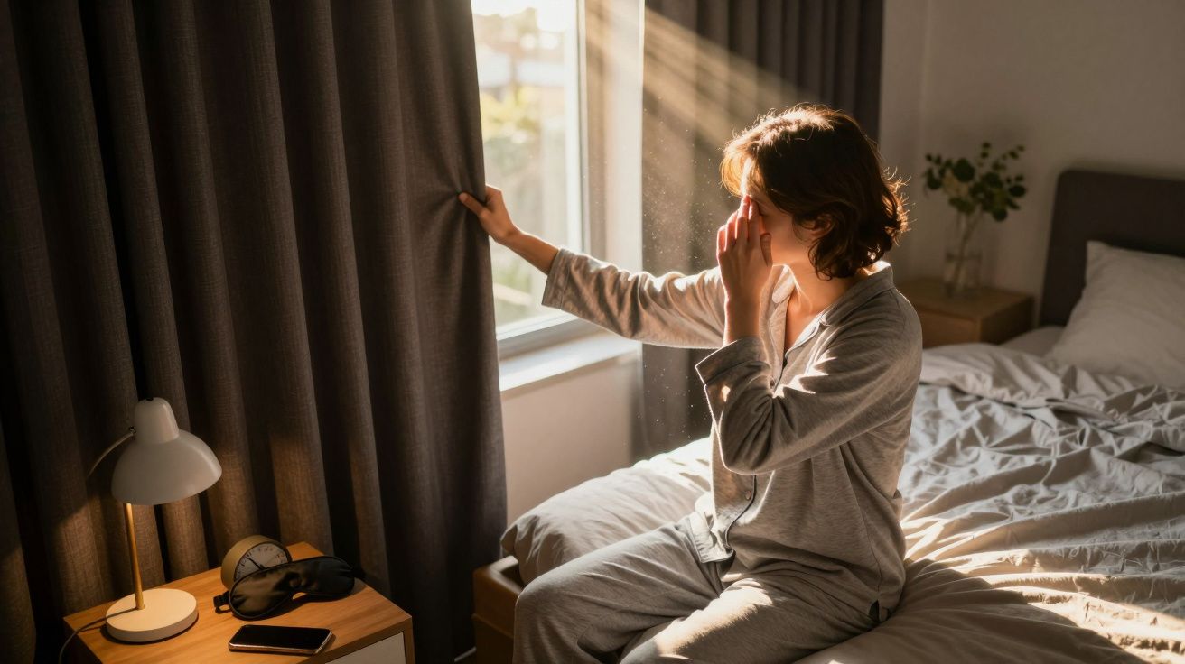 Pessoa de pijama abre cortina e cobre os olhos enquanto luz do sol entra pela janela de um quarto.