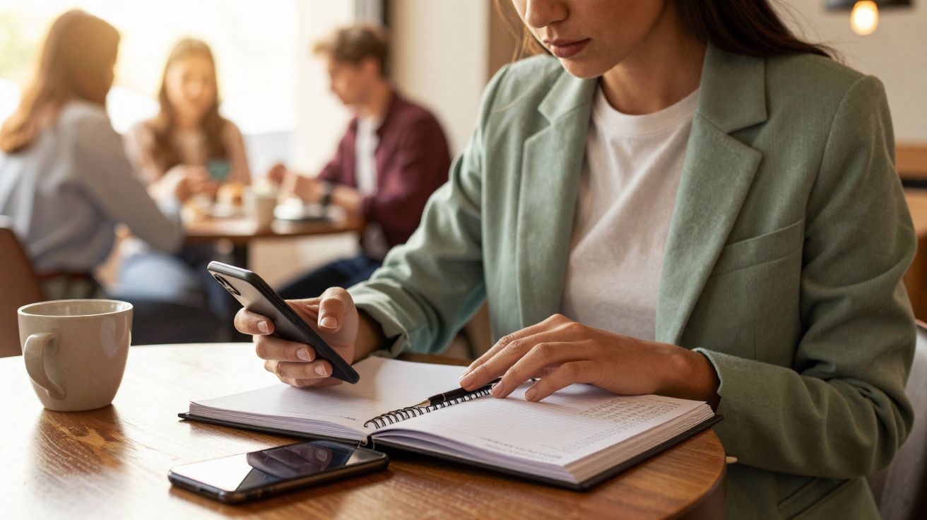 Mulher em café, verifica o telemóvel com agenda aberta, enquanto três pessoas conversam ao fundo.