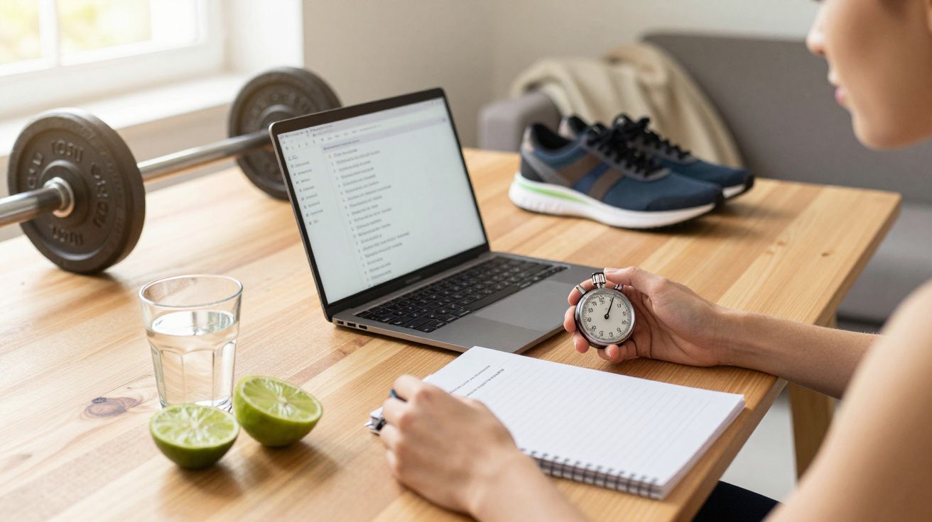 Mesa com portátil, pesos, copo de água, limão, caderno, cronómetro e sapatilhas.