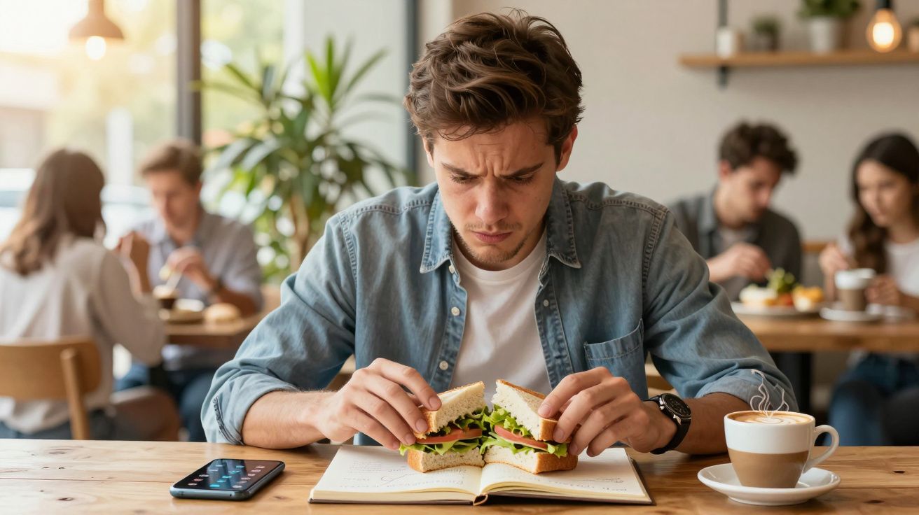 Homem sentado num café, olhando para uma sandes, com um telemóvel e um cappuccino na mesa. Pessoas ao fundo.