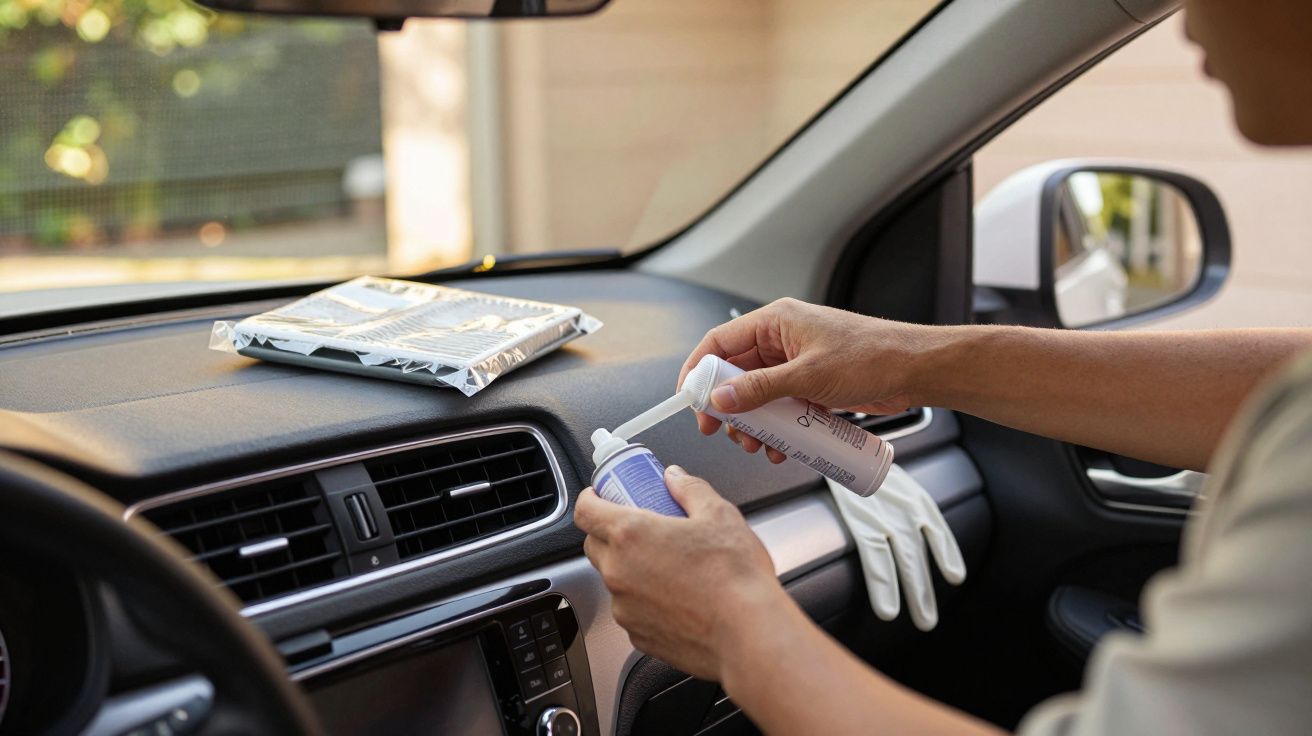 Mãos seguram um pano e um líquido de limpeza no interior de um carro, sobre o tabliê.