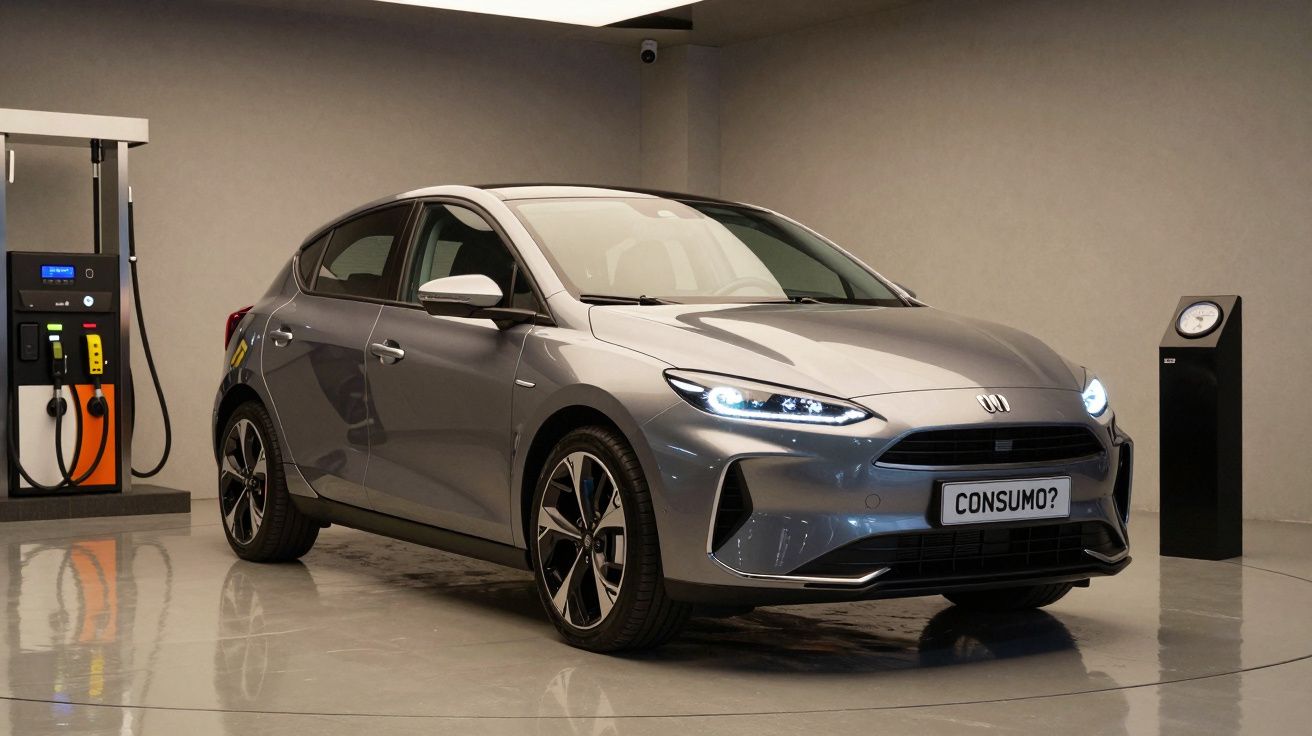 Carro elétrico cinzento em exposição numa sala com estação de carregamento ao lado.