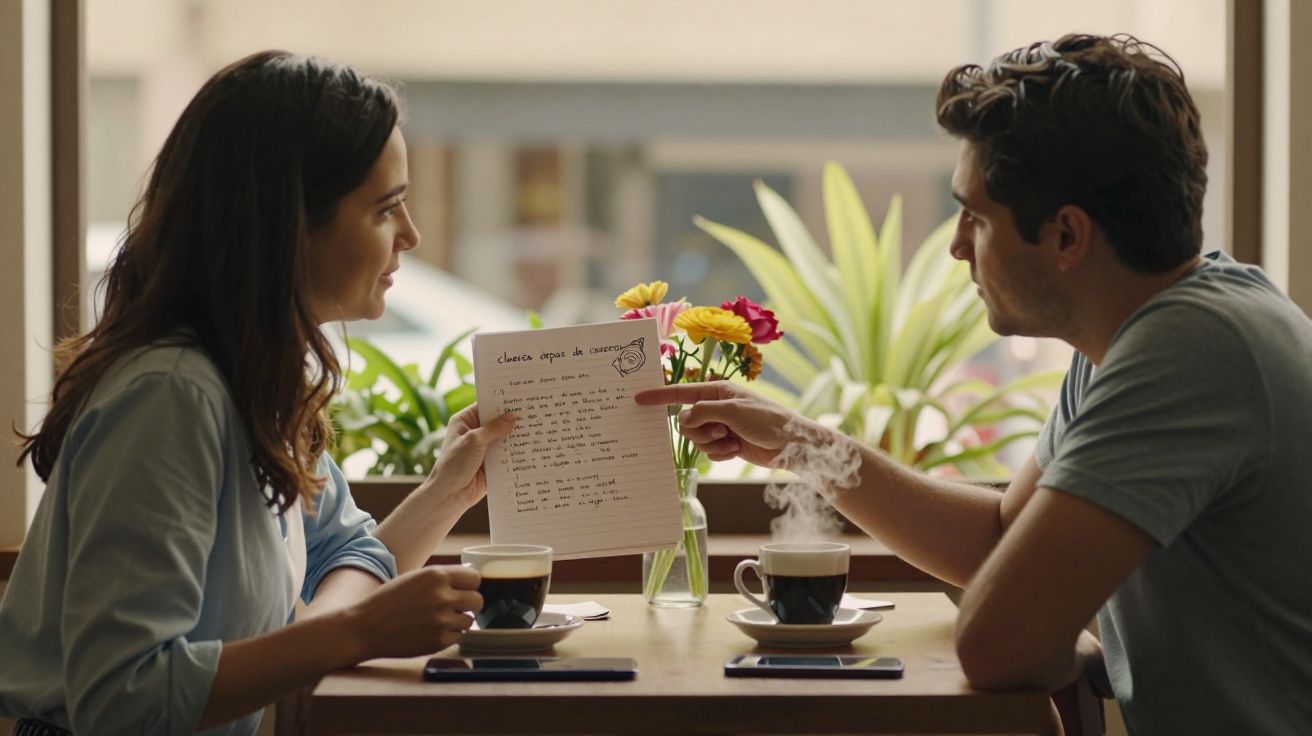 Um casal sentado num café a conversar, segurando uma lista escrita, rodeados de plantas e flores coloridas.