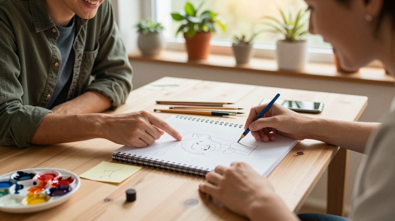 Duas pessoas desenham e pintam num bloco de notas numa mesa de madeira com plantas ao fundo.