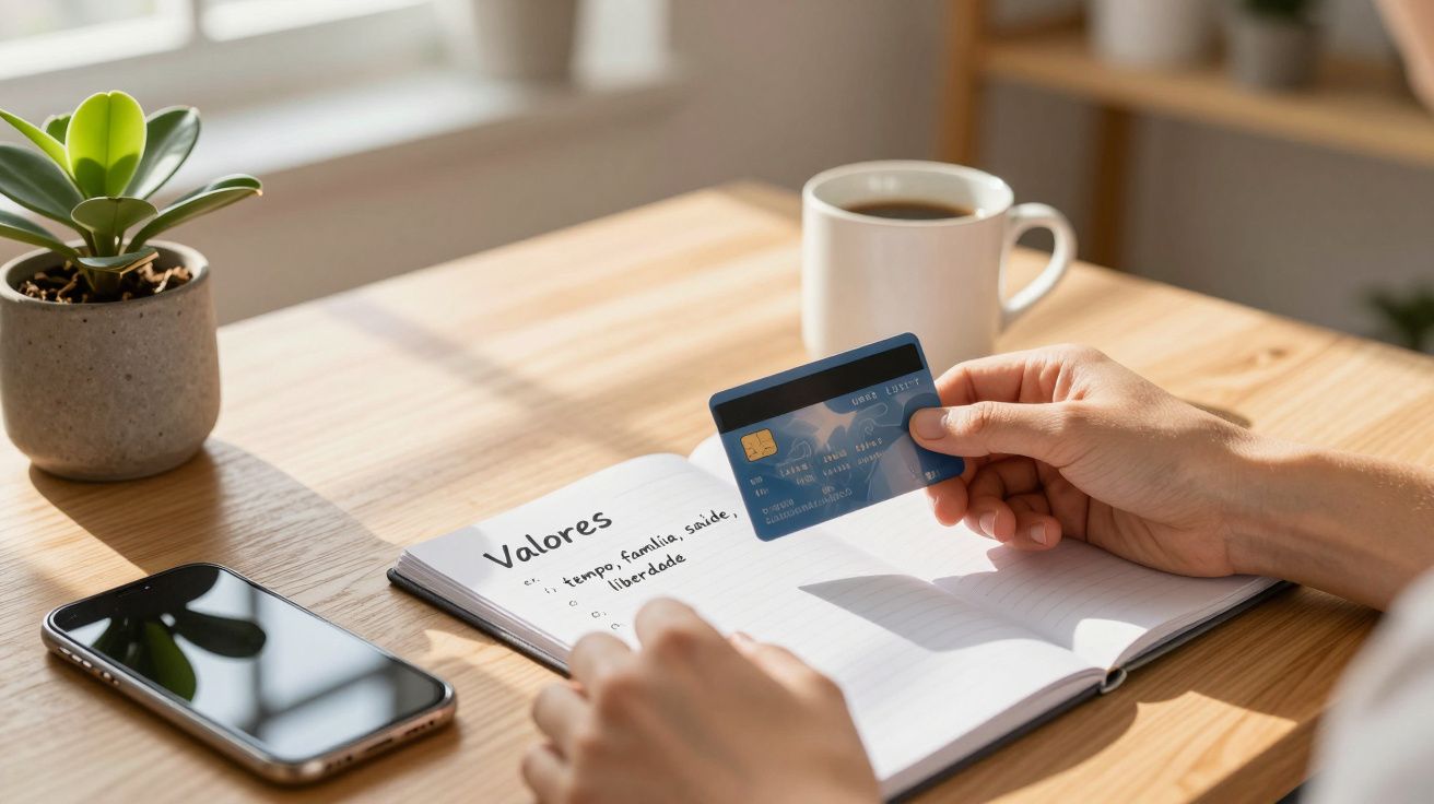 Pessoa segurando cartão em frente a caderno com lista de "Valores" em mesa de madeira com chávena e smartphone.