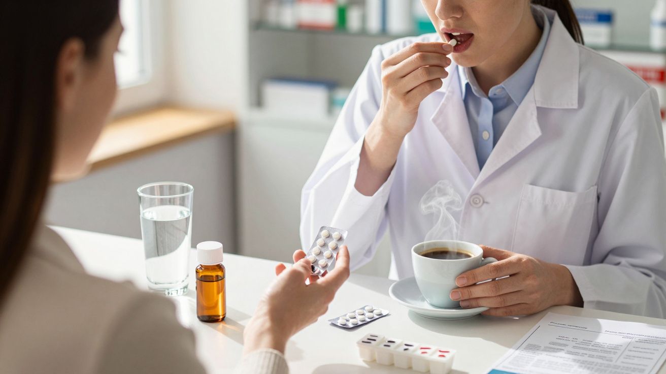 Profissional de saúde em vestuário branco toma comprimido com café. Mesa com medicamentos, água e garrafa âmbar.