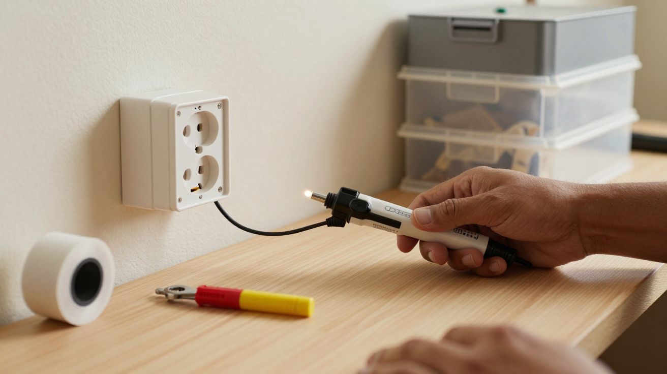Pessoa testando uma tomada elétrica com um multímetro em cima de uma mesa, ao lado de uma fita e ferramentas.
