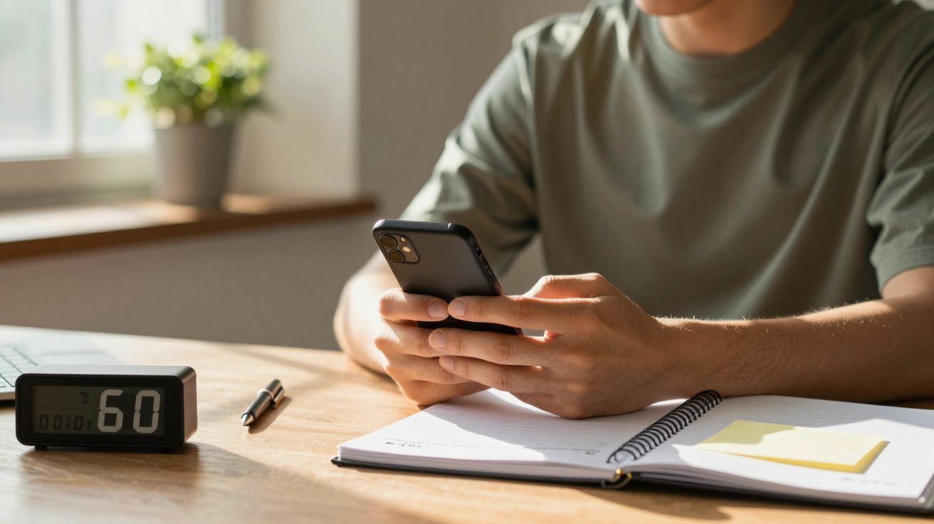 Pessoa segurando telemóvel, sentado à mesa com caderno aberto, caneta e relógio digital.