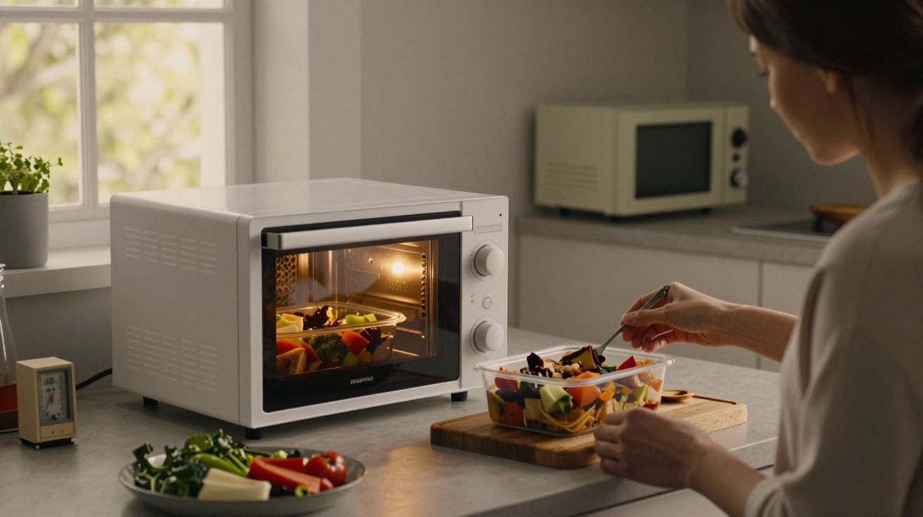 Mulher prepara vegetais perto de forno elétrico aceso, em cozinha clara com micro-ondas ao fundo.