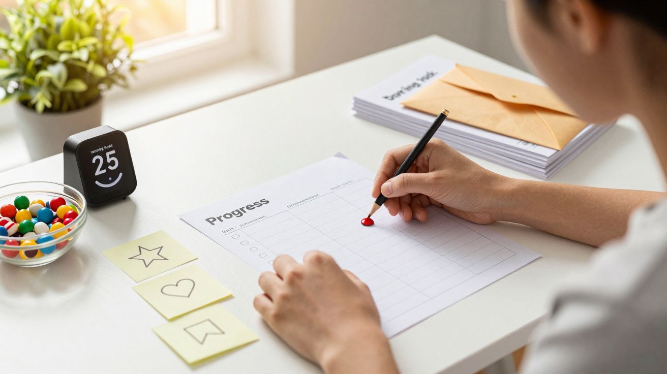 Pessoa a preencher uma lista de progresso numa secretária com notas adesivas, um relógio digital e uma taça de doces.