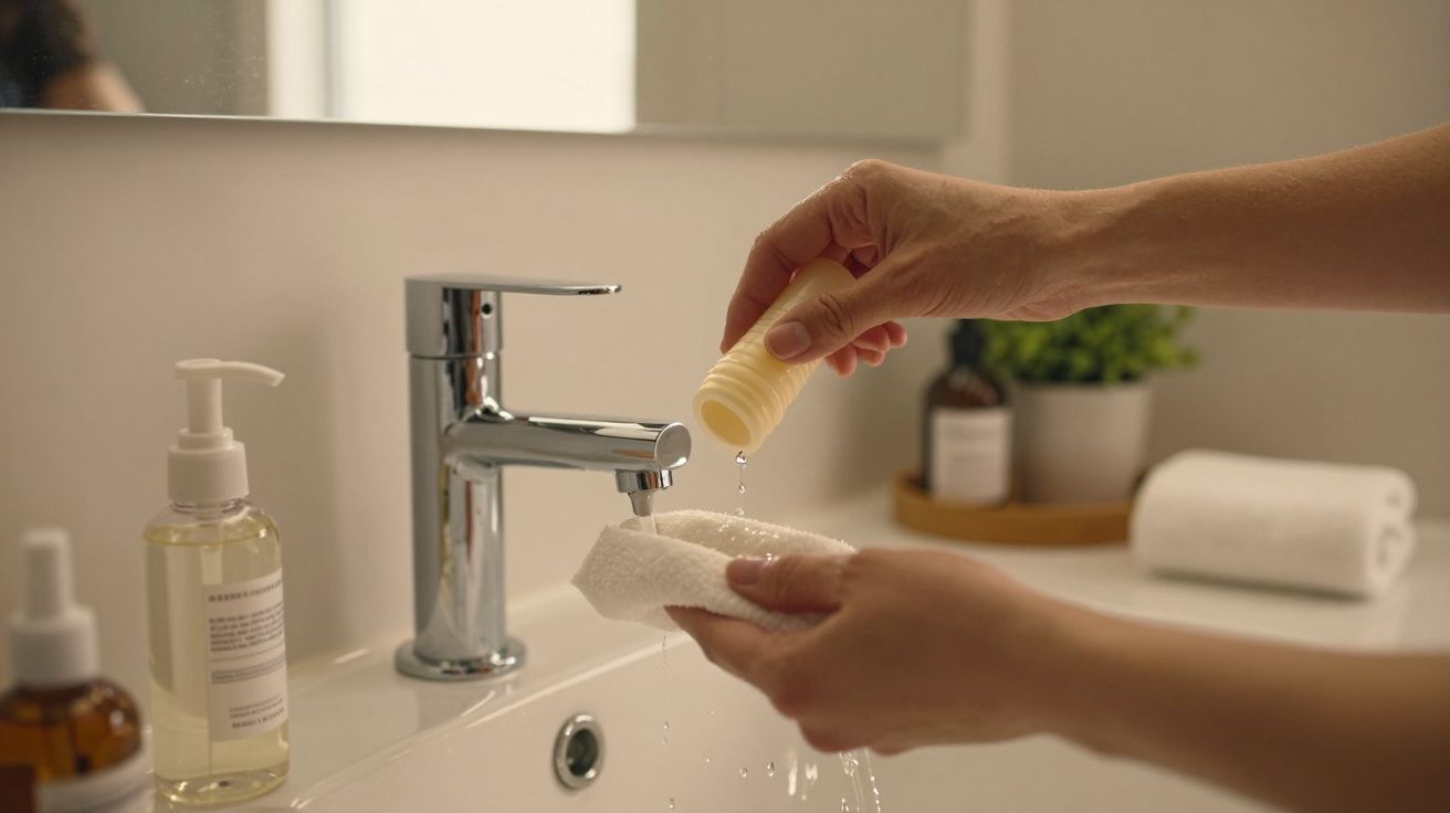 Mãos a aplicar sabonete líquido num pano sobre uma pia de casa de banho com torneira cromada e frascos ao lado.