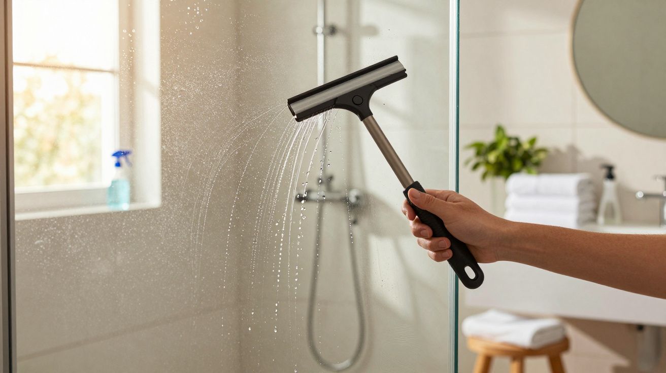 Pessoa a limpar um vidro de duche com um rodo em casa de banho iluminada.